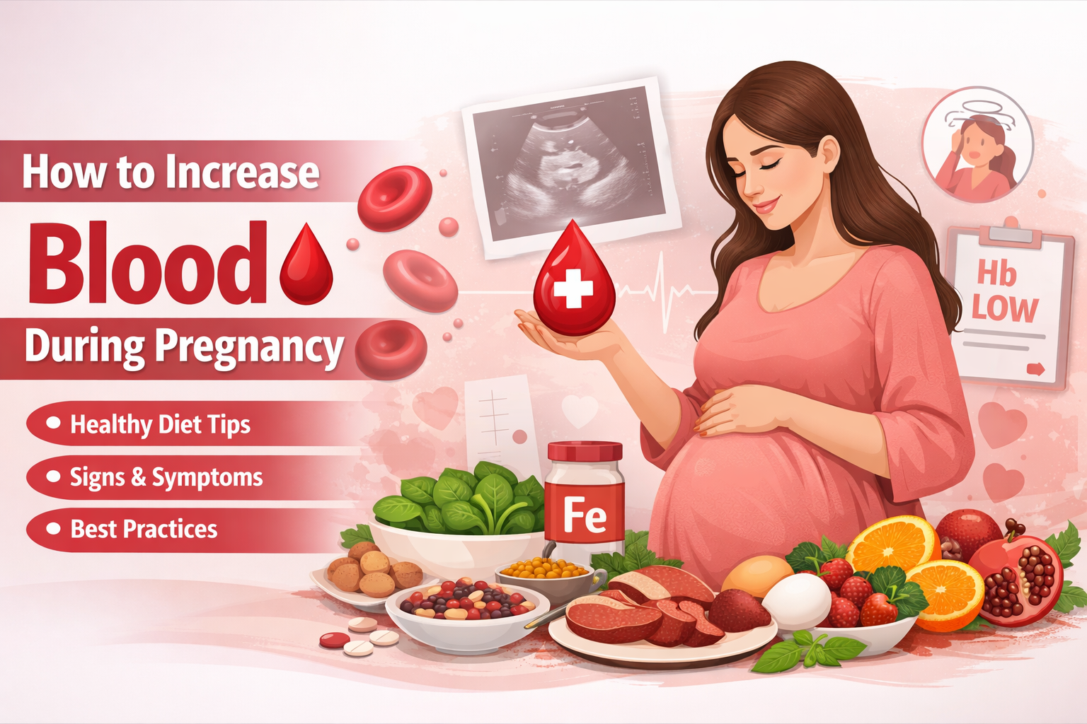 Illustration showing a pregnant woman with healthy blood indicators, iron-rich foods, and medical icons explaining how to increase blood during pregnancy
