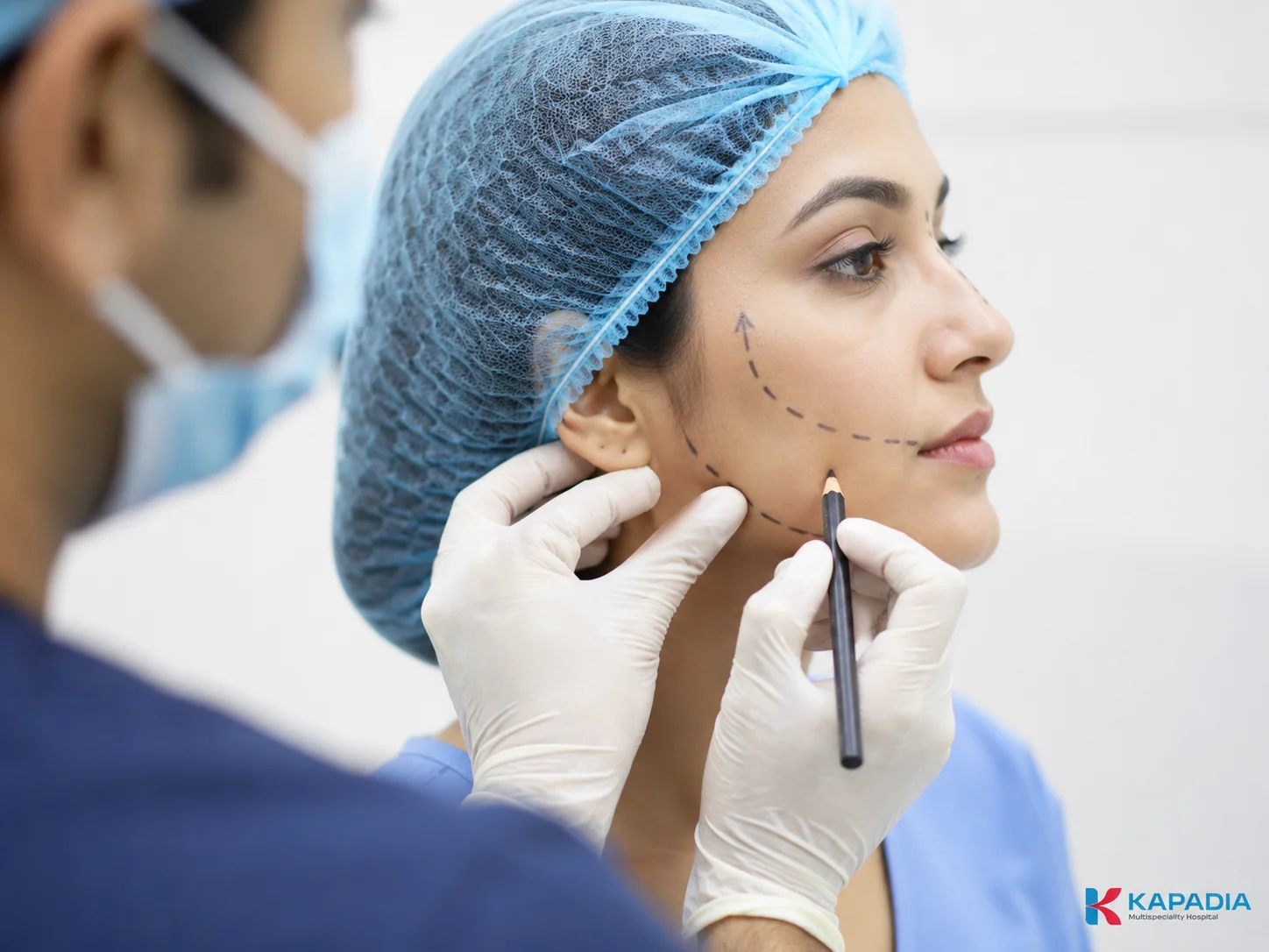 Surgeon marking surgical site on skin before a plastic surgery procedure at Kapadia Hospital, Mumbai