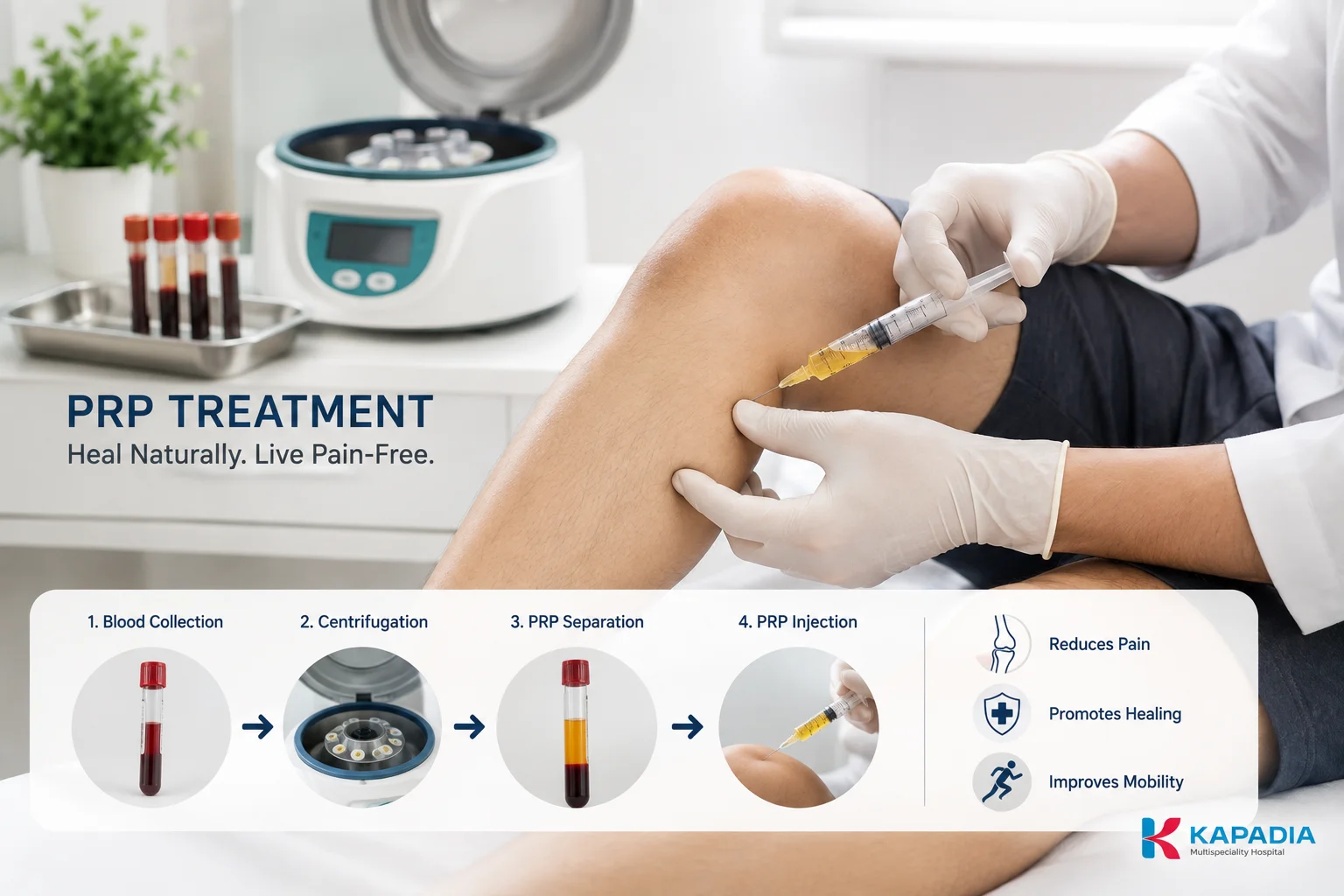 Blood collection tubes prepared for platelet-rich plasma (PRP) processing at Kapadia Hospital, Mumbai