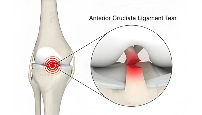 Anatomical model of the knee joint showing the cruciate ligaments, used to explain ACL and PCL repair at Kapadia Hospital, Mumbai