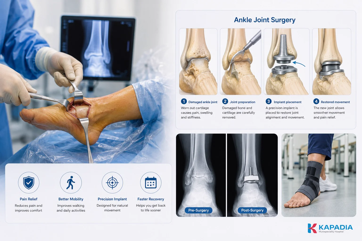 Orthopaedic specialist fitting an ankle support brace after ankle joint surgery at Kapadia Hospital, Mumbai