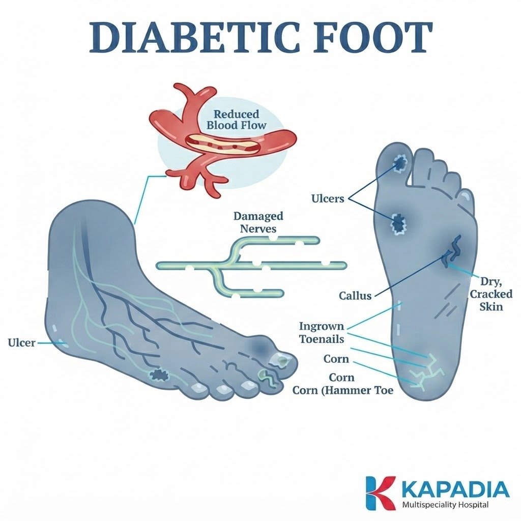 Labelled diagram of the diabetic foot showing reduced blood flow, damaged nerves, ulcers, callus, corns, ingrown toenails and dry cracked skin - Kapadia Hospital, Mumbai