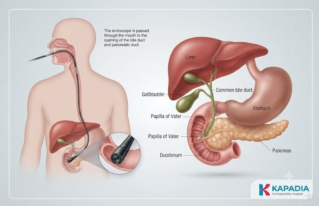 Labelled diagram of ERCP - the endoscope passed through the mouth to the opening of the bile duct and pancreatic duct, showing the liver, gallbladder, common bile duct, papilla of Vater, duodenum, stomach and pancreas - Kapadia Hospital, Mumbai