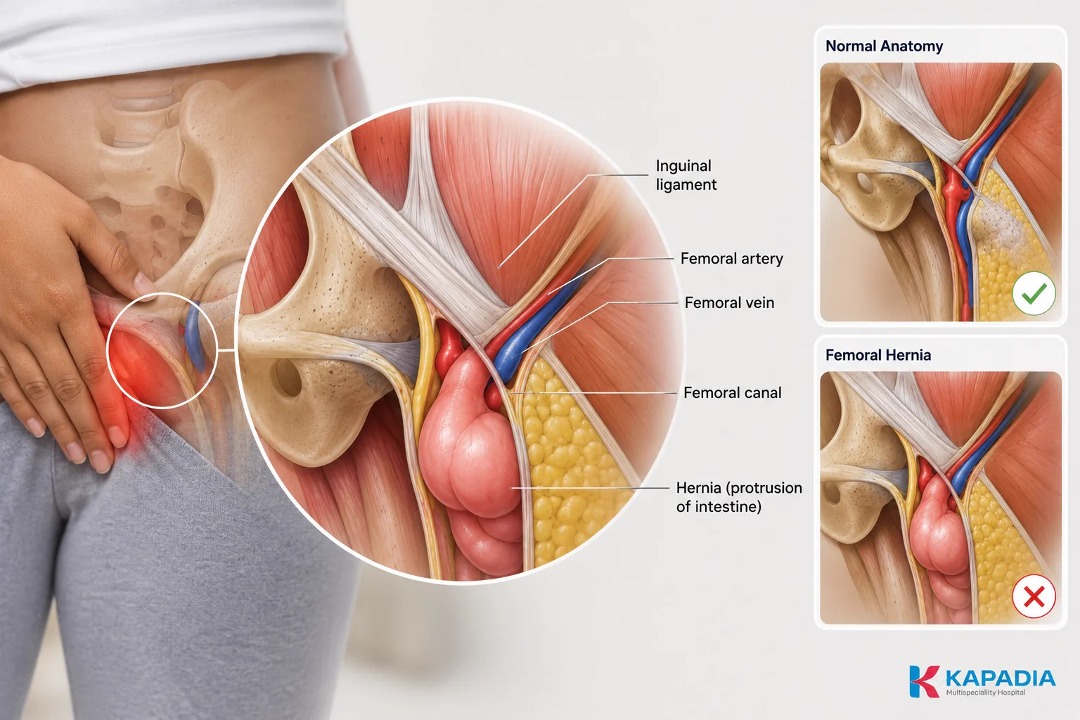 Labelled diagram of the femoral canal comparing normal anatomy with a femoral hernia protrusion - Kapadia Hospital, Mumbai