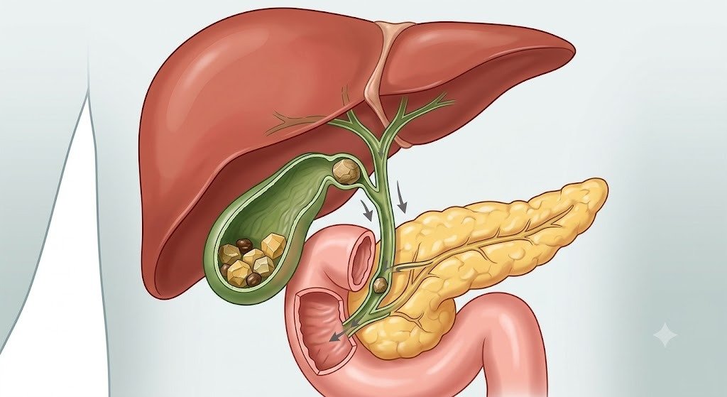 Medical illustration of gallstones inside the gallbladder alongside the liver, bile duct and pancreas - Kapadia Hospital, Mumbai