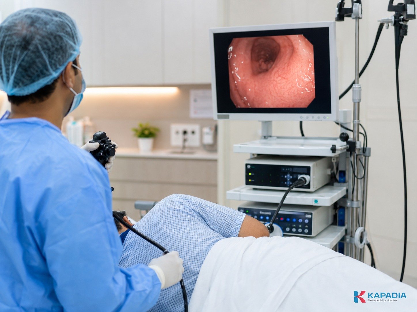 Endoscopist performing a gastroscopy while the live view of the stomach lining is shown on the monitor at Kapadia Hospital, Mumbai