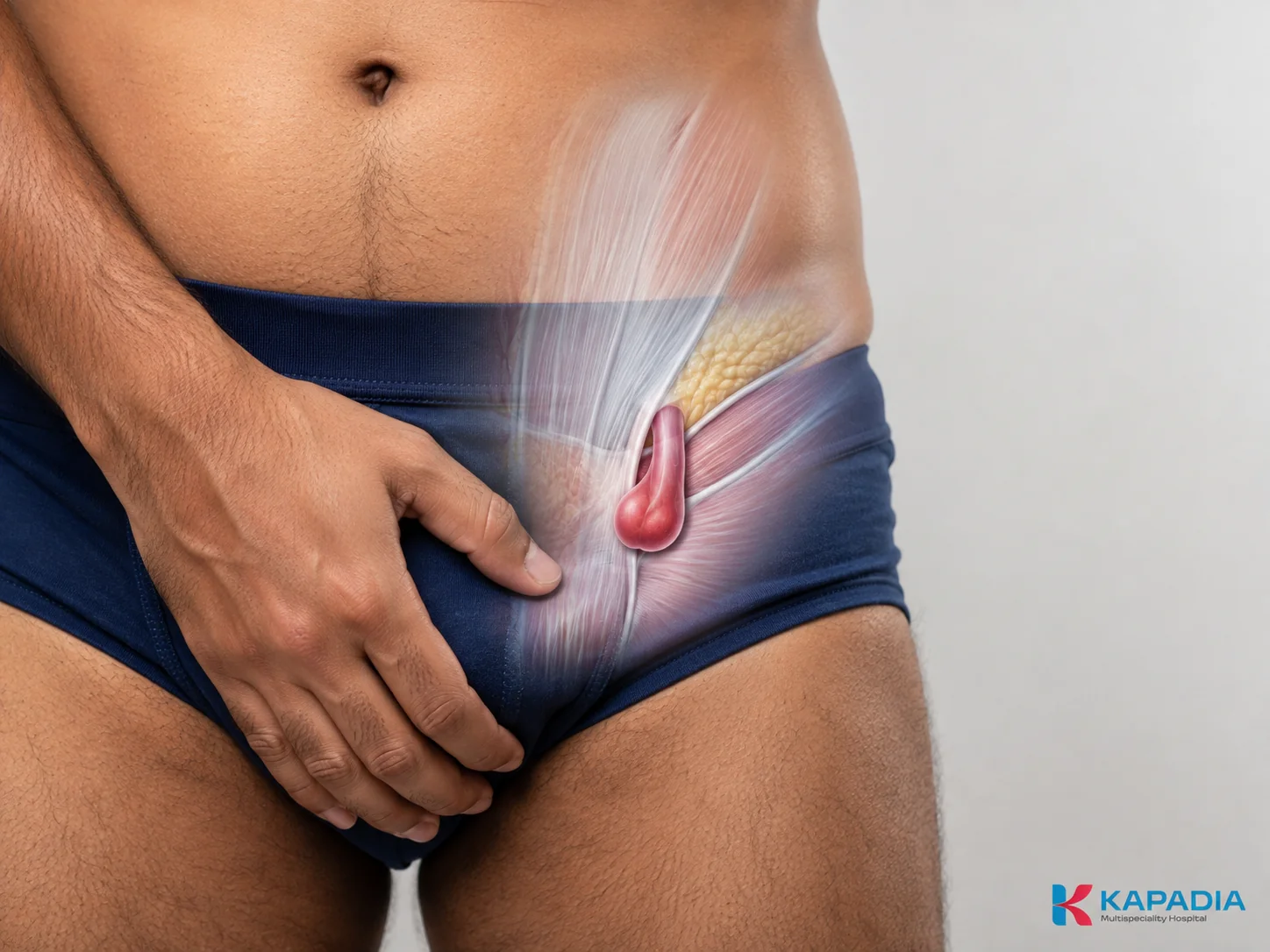 Surgeons performing abdominal surgery for inguinal hernia repair at Kapadia Hospital, Mumbai