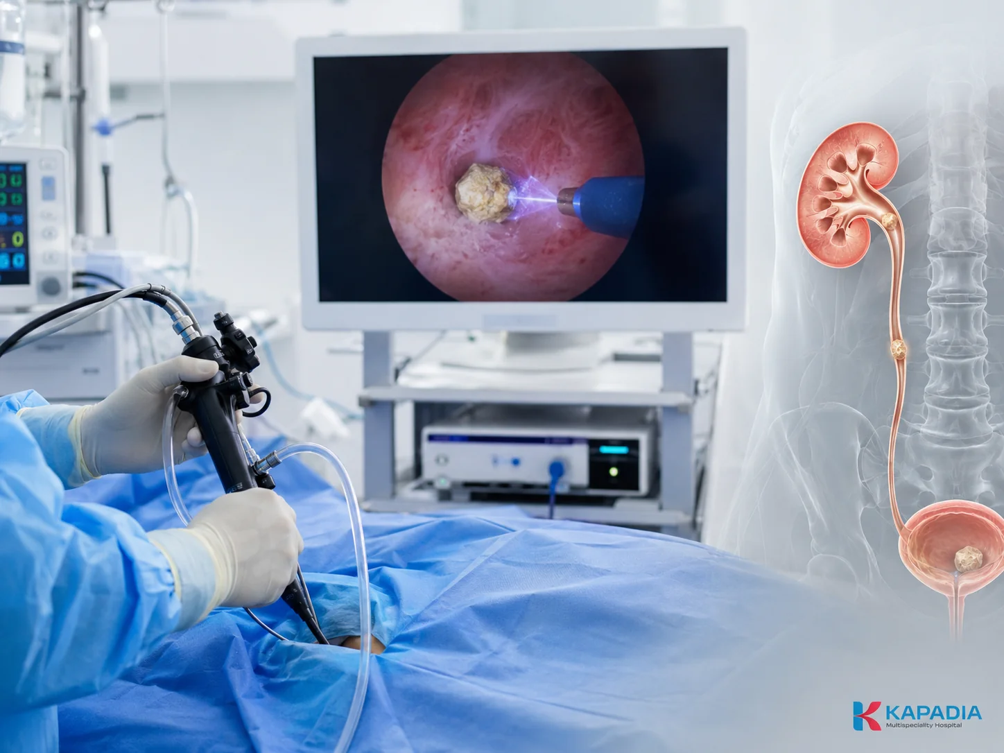 Clinician monitoring live imaging during endoscopic kidney-stone surgery at Kapadia Hospital, Mumbai