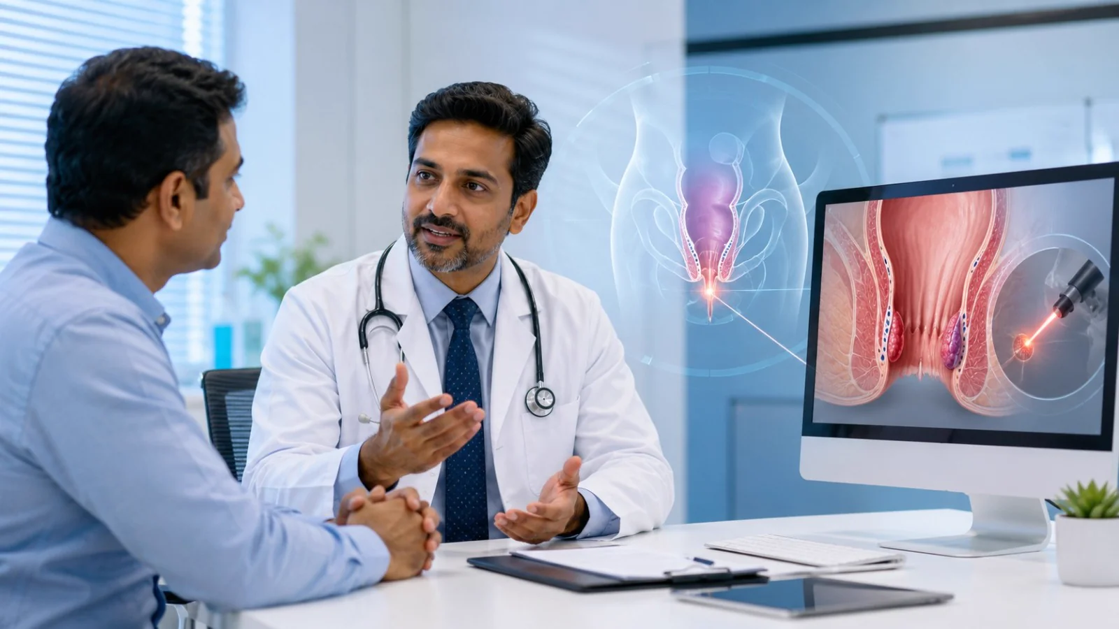 Proctologist explaining laser treatment to a patient using an anorectal diagram on screen - Kapadia Hospital, Mumbai
