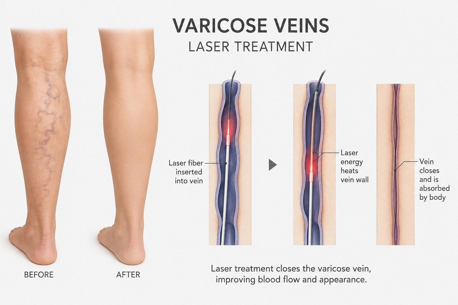 Before and after of a leg treated for varicose veins, with a three-step diagram showing the laser fibre inserted into the vein, laser energy heating the vein wall, and the vein closing and being absorbed - Kapadia Hospital, Mumbai