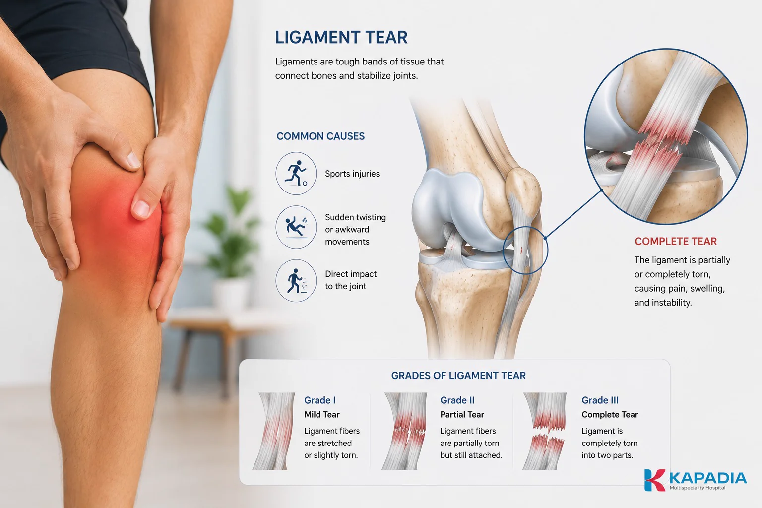 Leg brace supporting the knee and lower limb during ligament injury recovery at Kapadia Hospital, Mumbai