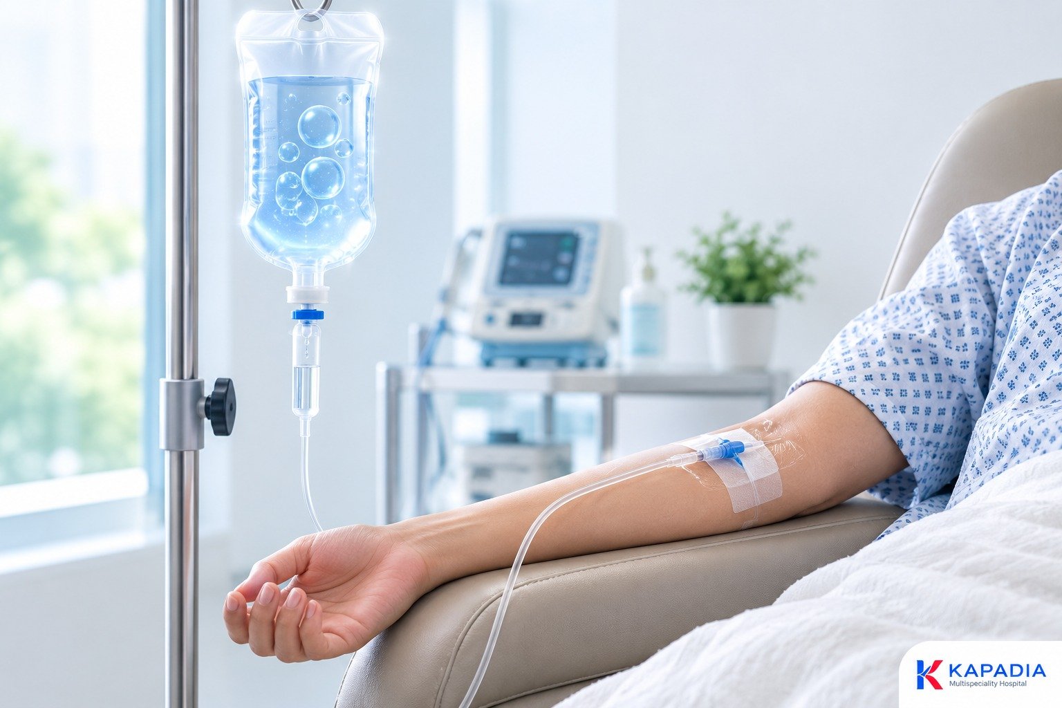 Patient receiving an intravenous ozone therapy infusion in a bright treatment room at Kapadia Hospital, Mumbai
