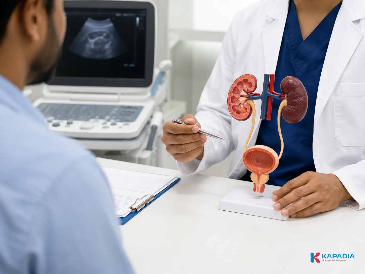 Urology surgical team performing an endoscopic procedure with live imaging at Kapadia Hospital, Mumbai