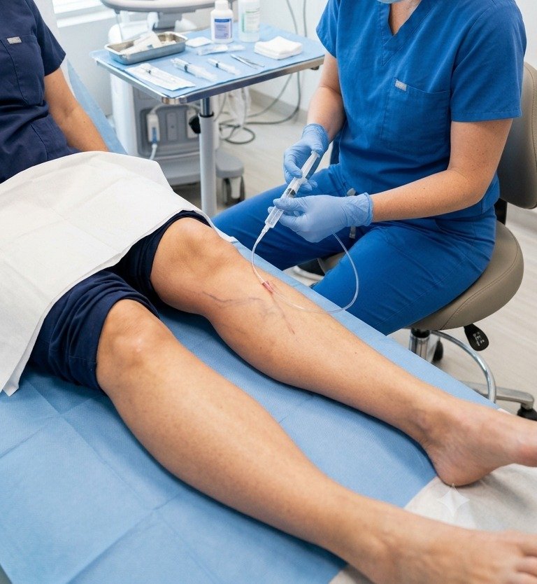Clinician injecting medical adhesive through a catheter into a mapped leg vein during the VenaSeal procedure at Kapadia Hospital, Mumbai